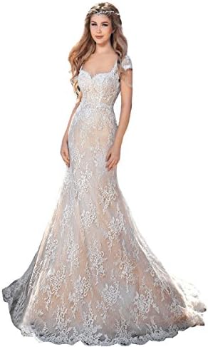 Irendress Women's Sweetheart Cap Sleeve Lace Applique Open Back Weding Dress Champagne UK10