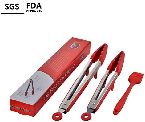 Zomatch Premium Kitchen Red Tongs with Silicone Brush for Bonus Cooking Utensil with Unique Stands,Made of Silicone and Stainless Steel,Set of 2 (9 Inch &amp; 12 Inch)