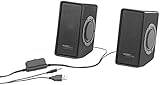Volles Klang-Erlebnis an PC und Notebook • Passiver Subwoofer: hoch effektiv für volle, satte Bässe bei gleichzeitiger Platzersparnis • Maße je Lautsprecher: 70 x 100 x 97 mm, Gewicht: insgesamt 600 g