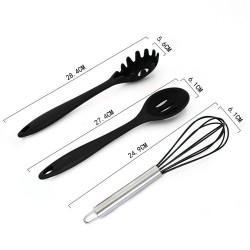 10er Silikon Küchenutensilien – Silikon Kochen Set – Zangen, Schneebesen, Pinsel, Spatel, Slotted Löffel, Nudel Löffel, Reis Paddel, Slotted Spatulla, Suppe Löffel, Hitzebeständige Kochutensilien, BPA Free Silikon Kitcen Werkzeug-Set(Schwarz) - 2