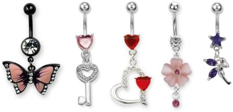 Izmit Set Of Stainless Steel Foiled Crystal, Acrylic, Cubic Zirconia Belly Bars:Pink Enamel Butterfly,Pink &amp; White Key With Heart,Red &amp; White 3Hearts,Lavender Fairy, Pink Flower
