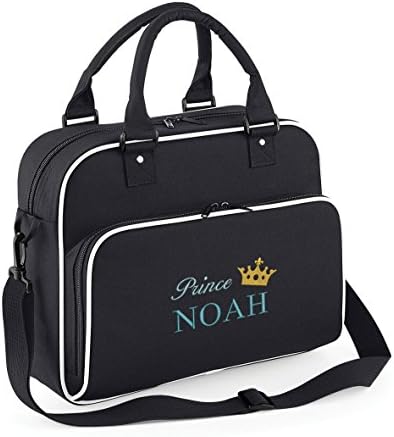 Personalised & Stylish Prince, Princess Baby Travel/Nappy Changing Bag Black with White Piping (Prince (Blue Embroidery))