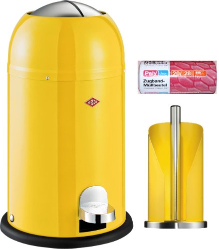 Preisvergleich Produktbild Wesco Kickmaster junior 12-Liter Abfallsammler lemonyellow + Küchenrollenhalter lemonyellow + 28 Müllbeutel im Set