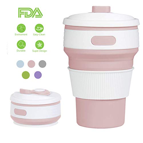 Collapsible Coffee Cup Silicone with Lids (12oz 350ml, Leak Proof, BPA Free Eco Reusable Coffee Cup), Portable Coffee Cup, Foldable Coffee Mugs Collapsible Fits in Your Pocket by King Style (Pink)