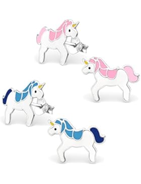 2 Paar Kinder Jugendliche Mädchen Ohrringe Ohrstecker 925 Silber Einhorn Unicorn Pferd