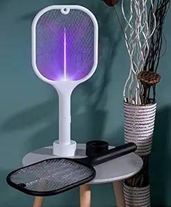 SMIRLY Mosquito Killer Racket Rechargeable Handheld Electric Fly Swatter Mosquito Killer Racket Bat with UV Light Lamp Racket Bamboo Cheese Board and Knife Set (white)