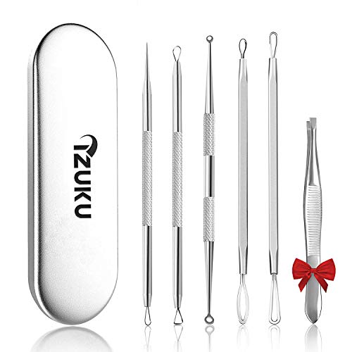 IZUKU Punti Neri strumenti Rimozione Punti Neri Naso [GARANZIE A VITA] Blackhead Remover Kit Acciaio da 6 Strumenti Professionali con Due Estremità,togli i Punti Bianchi e le Macchie Acne dal Viso