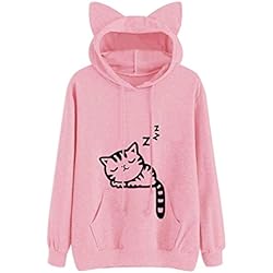 Mujeres Niñas Lindo Gato Con Capucha Ear Tops, Logobeing Sudadera Con Capucha Causal Blusa Sudadera (L, Rosado)