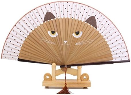 PIXNOR Silk Bamboo Cartoon Cat Folding Fan Hand Painted Fan (Brown)