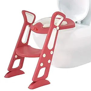 JUNIOR JOE Foldable Potty Training Seat Chair with Safe Handrails, Non-Slip Toilet Potty Stand and Ladder for Kids (CHINESE RED)