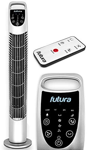 Futura Oscillating 31-inch Silver Tower Fan, Remote Control, 7.5 Hour Timer and 3 Cooling Fan Modes for Home and Office