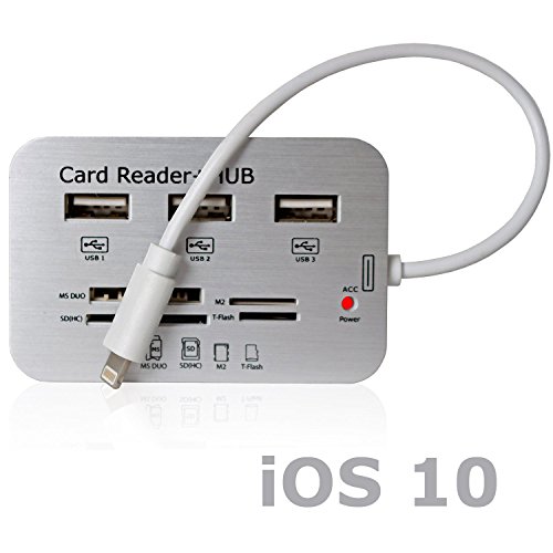 Gilsey 7in1 Camera Connection Kit Adapter iPhone 6 6s, iPad Air, iPad Air 2, iPad Air Pro, iPad 4, iPad Mini, Ipad Mini 2, iPad Mini 3, iPad Mini 4 - SD, MS, TF, M2, Mini SD, MMC, Micro SD + 3 USB HUB - Überträgt Bilder und Videos von Kameras und Karten Kartenlesegeräte - iOS 9