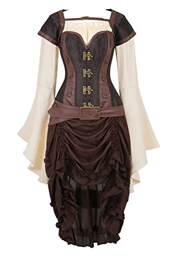 Rosfajiama Piratenkostüm Damen Corsagen Damenblusen Sommer Und Mittelalter Kleid Steampunk Damen Kostüm Karneval Brown 6XL