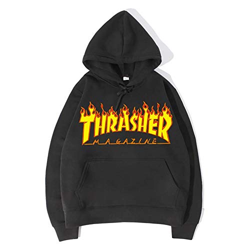 SU Suéter con Capucha de los Hombres, Unisex Sudadera con Capucha Sudadera con Capucha Sudadera Otoño e Invierno más Terciopelo Letras Flame Estampado de béisbol Suelto,Black1,M