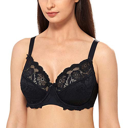 DELIMIRA - Sujetador Copa Completa En Encaje Elástico Floral para Mujer Negro ES:110D (EU 95D)