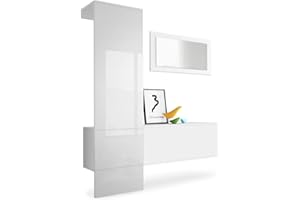 Vladon Garderobe Carlton Set 4, Made in Germany, Garderobenset bestehend aus 1 Garderobenpaneel, 1 Schrankmodul und 1 Wandspiegel, Weiß matt/Weiß Hochglanz (156 x 193 x 35 cm)