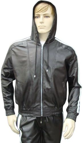 Bespoke Tailored Leather - Leather Track Suit Jacket In 2 White Stripes Custon Made To Order - Black With Yellow - Chest Size: 36" - M