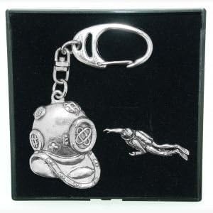 Pewter Keyring and Pin Badge Gift Set-Diver Diving Helmet