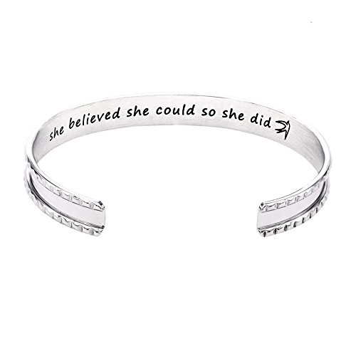 She Believed she Could so she did Inspired Hand Stamped Expandable Cuff Bracelet (White03)
