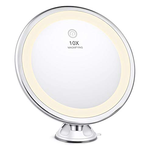 Bestope - Specchio da Trucco con ingrandimento 10x, Illuminato in 3 modalità di Illuminazione Intelligente, Portatile, Rotazione di 360 Gradi, Potente Ventosa, per Tavolo da Bagno e da Viaggio