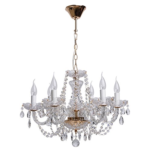 examen Lustre suspension de style baroque et ravissant avec design chic avec armature en métal doré et plafonniers en forme de bougies, pour salon ou chambre, décorée avec pendeloques en cristal ampoules non incl. 6 x 60W E14 V230 V