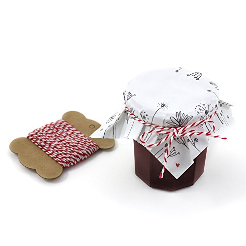 25 Marmeladendeckchen Weiß mit Blumen als Abreißblock, florale Gläserdeckchen zum selbst beschriften für Eingemachtes & selbstgemachte Marmelade, Recyclingpapier + 10m Bakers Twine & Justiergummi