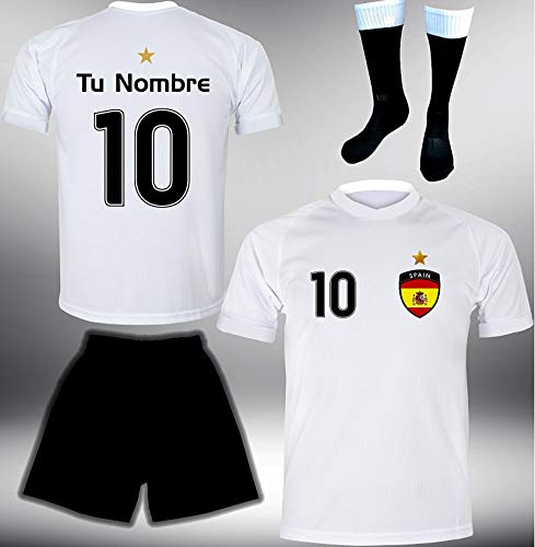 ElevenSports Spanien Trikot Set 2018 mit Hose & Stutzen GRATIS Wunschname + Nummer im EM WM Weiss Typ #ES1ths – Geschenke für Kinder Erw. Jungen Baby Fußball T-Shirt Bedrucken Espana