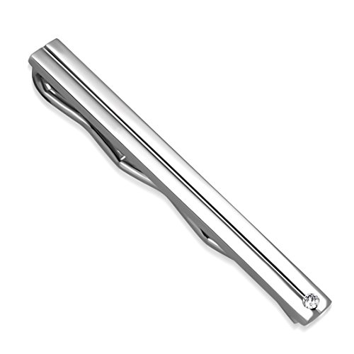 Stainless Steel Grooved Bar Necktie Mens Tie Clip with Clear CZ