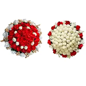 Maahal? Artificial flower Bun Juda Maker Flower Gajra, White and Red Color, Pack of 2
