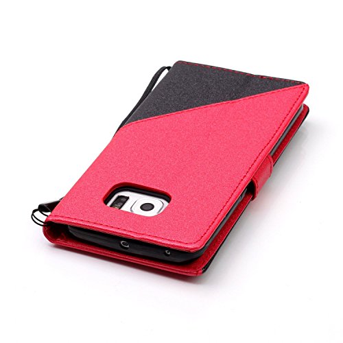 Galaxy S6 Edge Hülle,Samsung S6 Edge Leder Case,Sunroyal PU Leder Brieftasche Schutzhülle Tasche Handyhülle Schutz Hüllen im Bookstyle Ledertasche mit Stand Funktion Kartenfächer Magnetverschluss Magnet Etui Schale Schutzhüllen,Retro Schwarz Rot Muster Entwurf Flip Klapp Cover Tasche mit Strap Kartensteckplatz Hinterschale Kartenschlitz mit Silikon Kratzfest für Samsung Galaxy S6 Edge + HD Super Klare Displayschutzfolie - 7