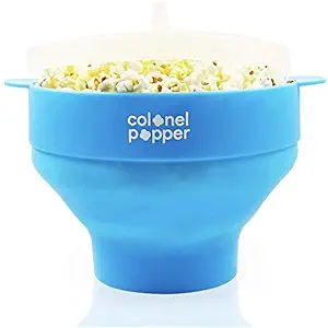 Colonel Popper Microwave Popcorn Maker Air Popper Silicone Bowl - Use Any Kernels Salt Oil (Blue)