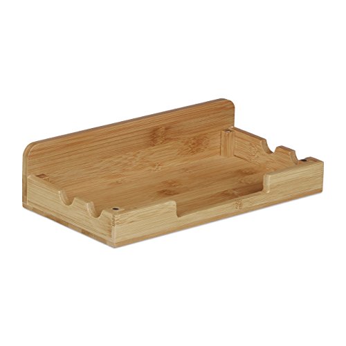 Relaxdays Ladestation Bambus, Ladestationhalter, 3 Ablagen, Smartphone, Handy, Tablets, HBT: 23 x 25,5 x 13,5 cm, natur