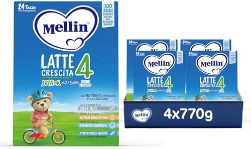 MELLIN 4 - Latte di Crescita in Polvere per Bambini - dal 2° anno compiuto al 3° anno, Gusto Delicato - Confezione da 3080 grammi (4 pezzi da 770g)