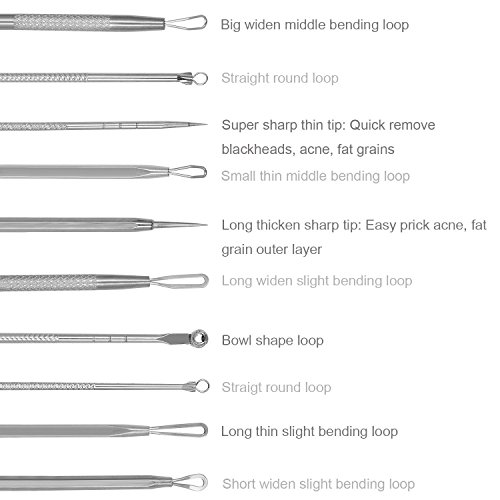 Becoyou 7 Stücke Mitesserentferner mit Lederhülse – Komedonenquetscher Set aus Edelstahl – Nagelhautschieber Werkzeug Pickel Whiteheads Akne Extraktoren für Gesundheit Behandlung - 6