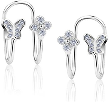 Wunhope Earrings Women Ladies Girls 925 Sterling Silver anti-allergic butterfly Clover Flower Shiny Zircon Clip-Ons