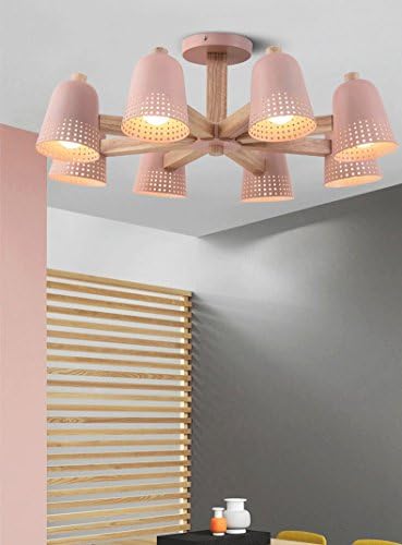 Modeen Northern Europe Adjustable Solid Wood Ceiling Light Modern Simple Hollow Iron Shade E27 Decoration Ceiling Pendant Lamp Living Room Restaurant Bedroom Kitchen Chandelier ( Color : Powder-Eight Heads )