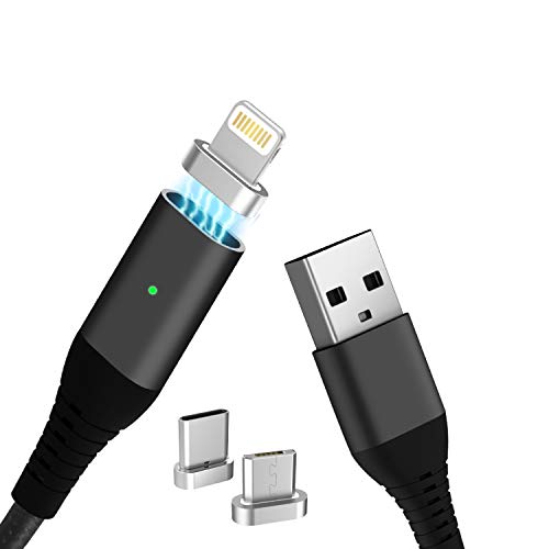 Liamoo   3en1 C  ble Magn  tique USB Chargeur en noir avec 3 adaptateurs     Lightning     USB Type C     Micro USB     Multiple- C  ble de Charge Rapide avec LED     Nylon brais  