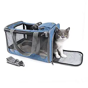 Petsoul Cat Travel Carrier, Airline Approved Collapsible Pet Carriers for Small Medium Cats Small Dogs, Soft-Sided Puppy Carriers (Blue)