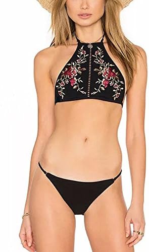 Akalili Women's 2 Pcs High Neck Bikini Floral Embroidery Swimsuit Top &amp; Bottom Swimming Suit