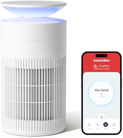 SwitchBot Purificatore D'aria Con App E Luce Notturna, CADR 400m³/h Fino A 83㎡, Filtro HEPA Rimuove 99.97% Di Muffa, Polvere, Polline, Modalità Sonno 20dB (Purificatore d'aria da tavolo)