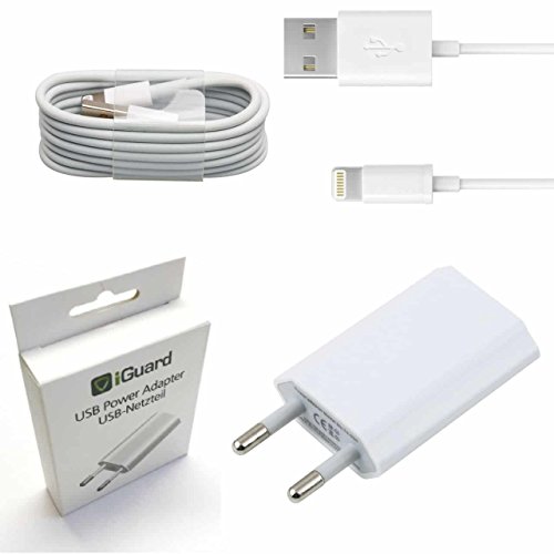 [SET] Original Apple Lightning Kabel Ladekabel 1,2m + Netzeil iGuard Weiss geeignet für Apple iPhone 5 5S 6 6S 7 PLUS / ZERTIFIZIERT MFI / Cable / Stromadapter 5W 1A
