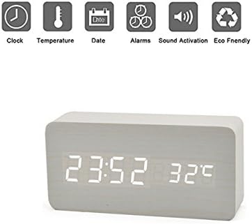 LED Wooden Digital Alarm Clock Sound Control Mains Powered USB/AAA Battery Display Date，Month，Year,Temperature Multi-function for Kid,Office,Home,Heavy Sleepers by Hmjunboys (White Wood+White LED)