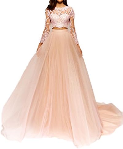 WDH Dress Two Pieces Blue Prom Dress with Long Sleeves Backless Evening Gown 12