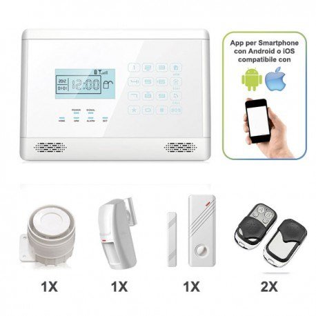KIT Lite M2EB Antifurto Allarme Casa LKM Security Kit Wireless Senza Fili Controllabile da Cellulare con App Gratuita. Menù con Sintesi Vocale in Italiano e Manuale in Italiano