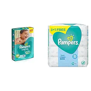 Pampers Baby Dry Diapers, Medium (66 Count) & Pampers Fresh Clean Baby Wipes - 64 Wipes/Pack (Buy 3 Packs Get 1)