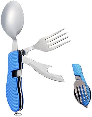 Camping Cutlery, FENGSHUN Stainless Steel 4 in 1 Portable Travel Cutlery Detachable Camping Cookware Combination of Spoon Knife Fork and Bottle Opener(Blue)