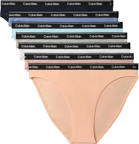 Calvin Klein Donna Slip Taglio Bikini Confezione da 7 con Fascia con Logo, Multicolore (Shoreline/Grey Heather/Antarctic Bl), M