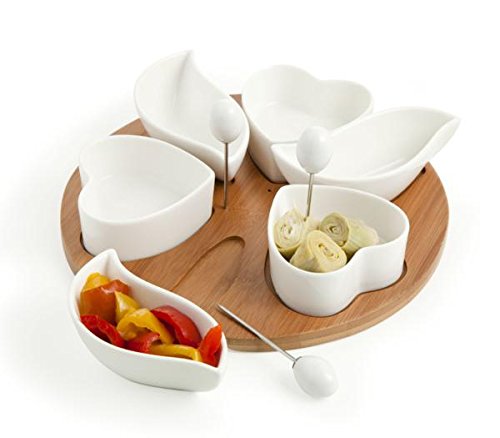 Brandani 55753 Antipastiera cupido in porcellana bianca con supporto in bamboo e 3 forchettine acciaio inox