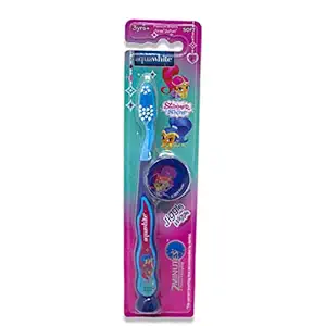 aquawhite SHIMMER & SHINE Jiggle Wiggle Toothbrush with 2 D Shimmer & Shine Image on Hygiene Cap, Suction Cup & Tongue Cleaner (Blue)