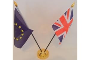 UKFLAGSHOP European Union Euro Blue Star Union Jack 2 Flag Friendship Desktop Table Centrepiece Flag Flags With Gold Base Ideal For Party Conferences Office Display